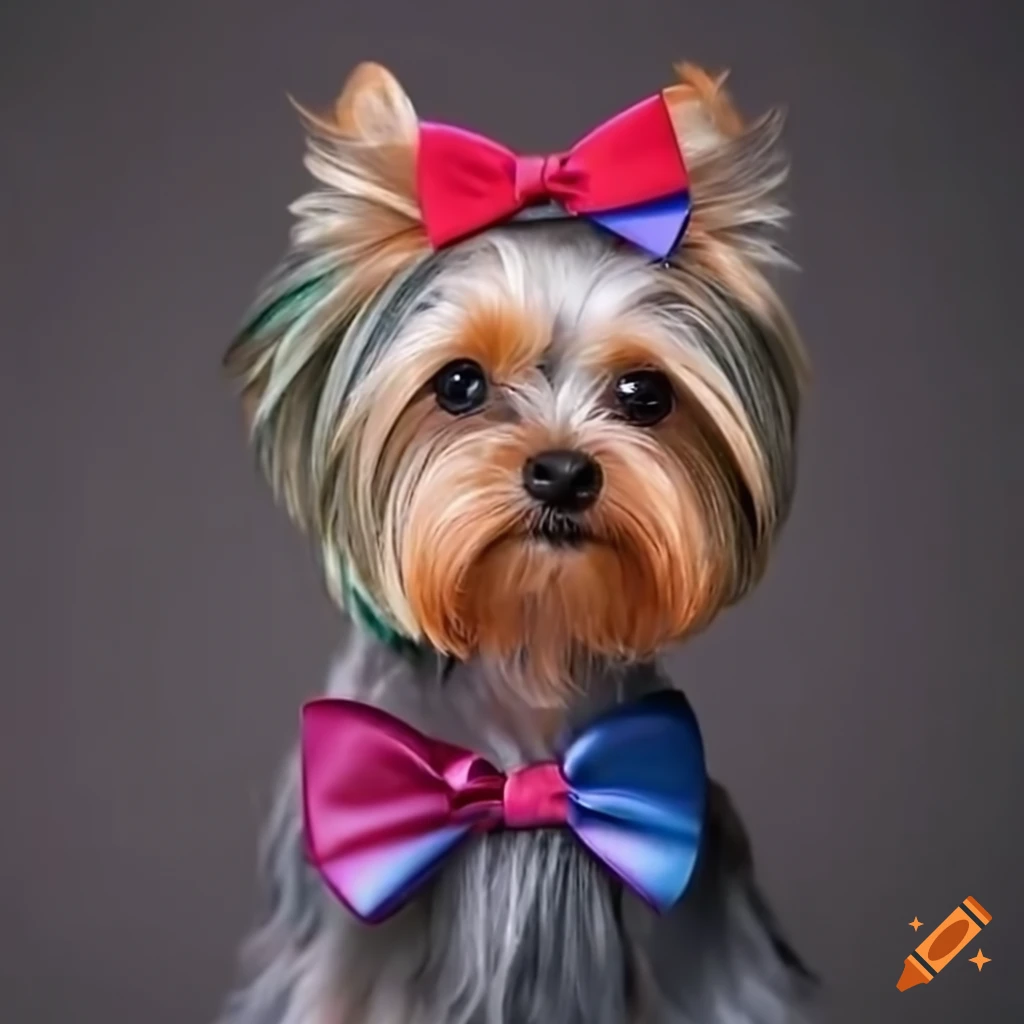 cute yorkshire terrier with a colorful bow