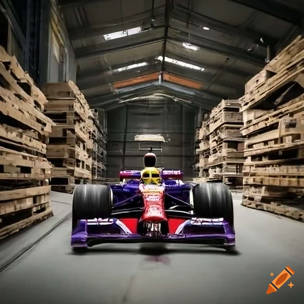 Formula one car in a warehouse on Craiyon
