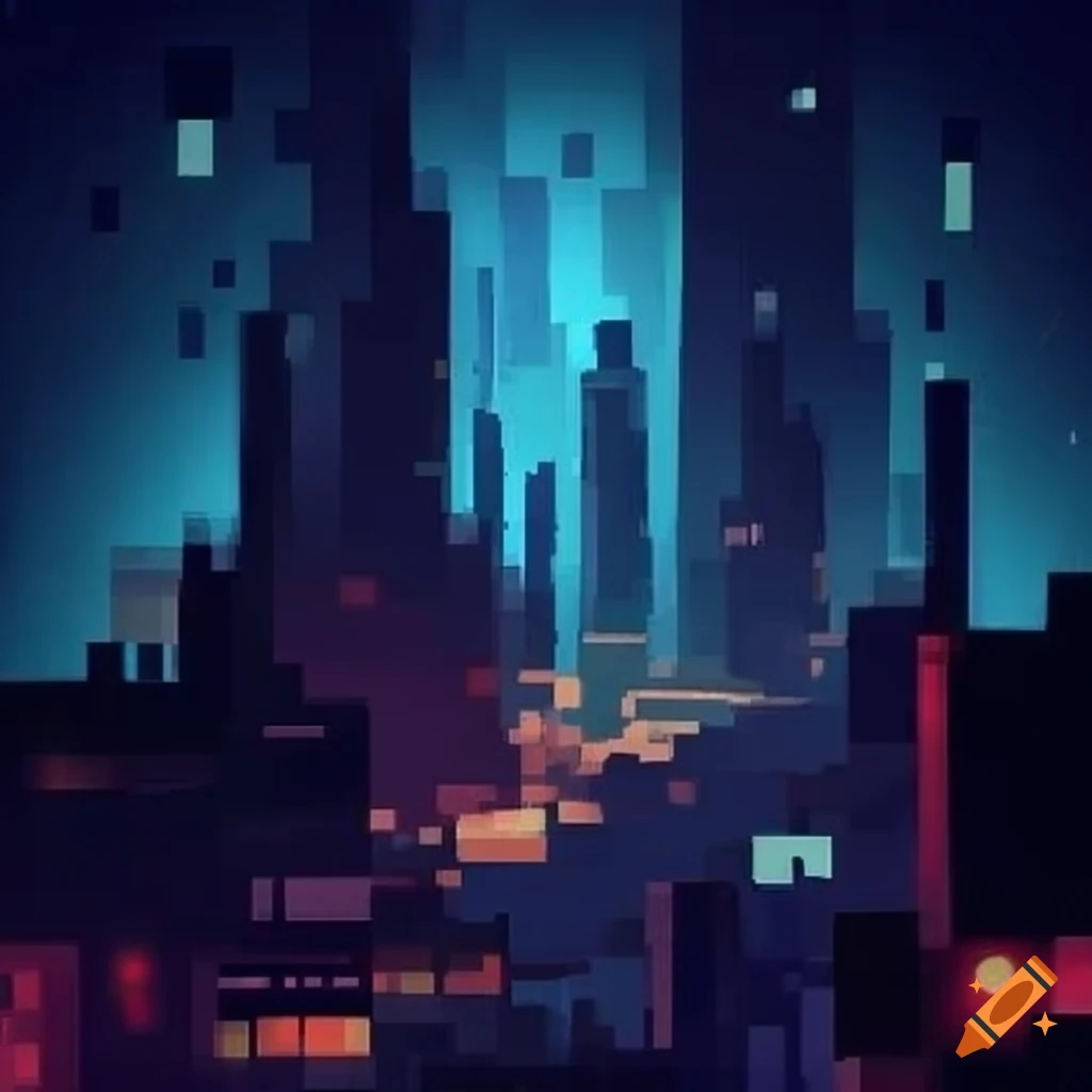 Pixelated cityscape with a mysterious vibe on Craiyon