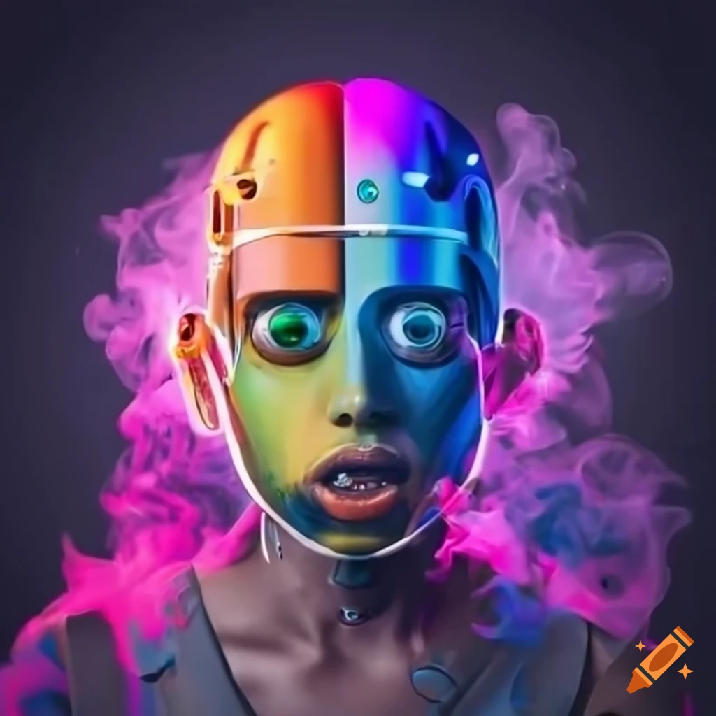 colorful AI droid smoking a vape
