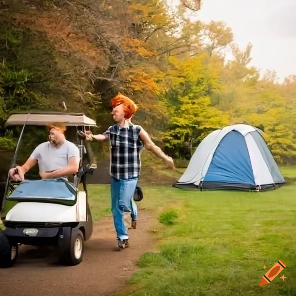man being chased by a mini-golf cart at a campsite