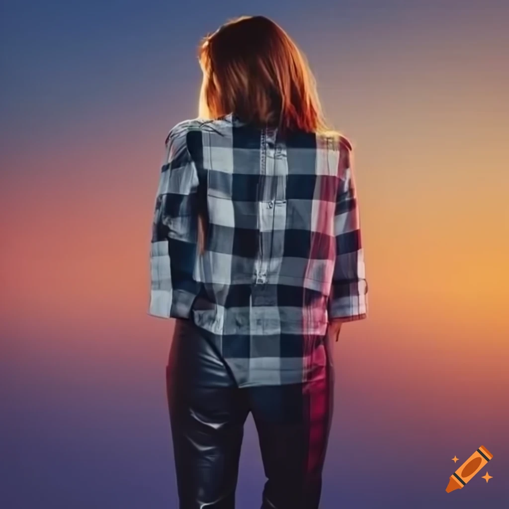 photo of a country girl in a plaid shirt and black leather trousers