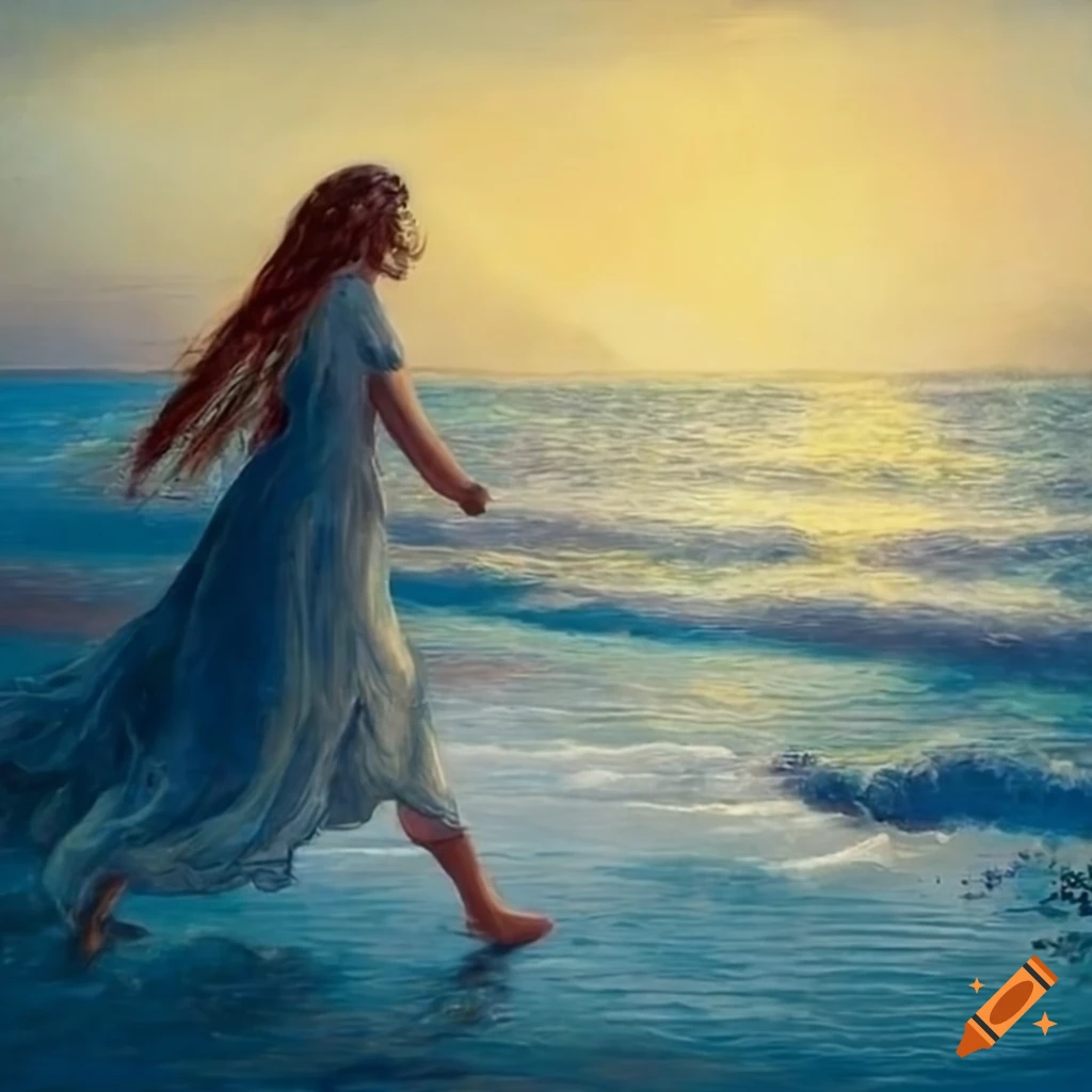Artistic depiction of a girl running on a beach