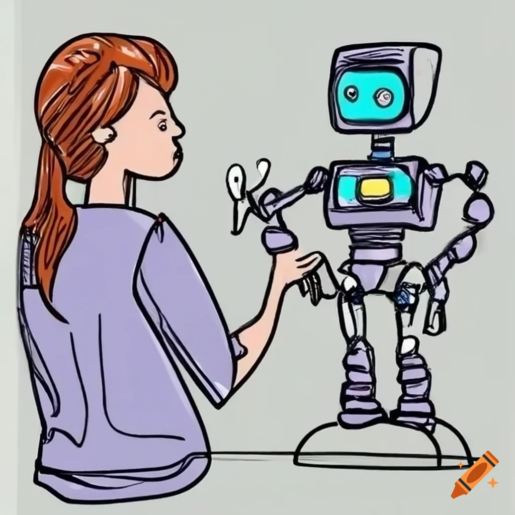 detailed doodle of a woman operating a robot