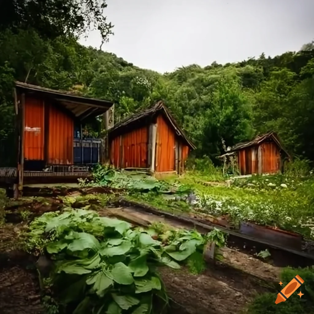 sustainable village with container houses and vegetable gardens