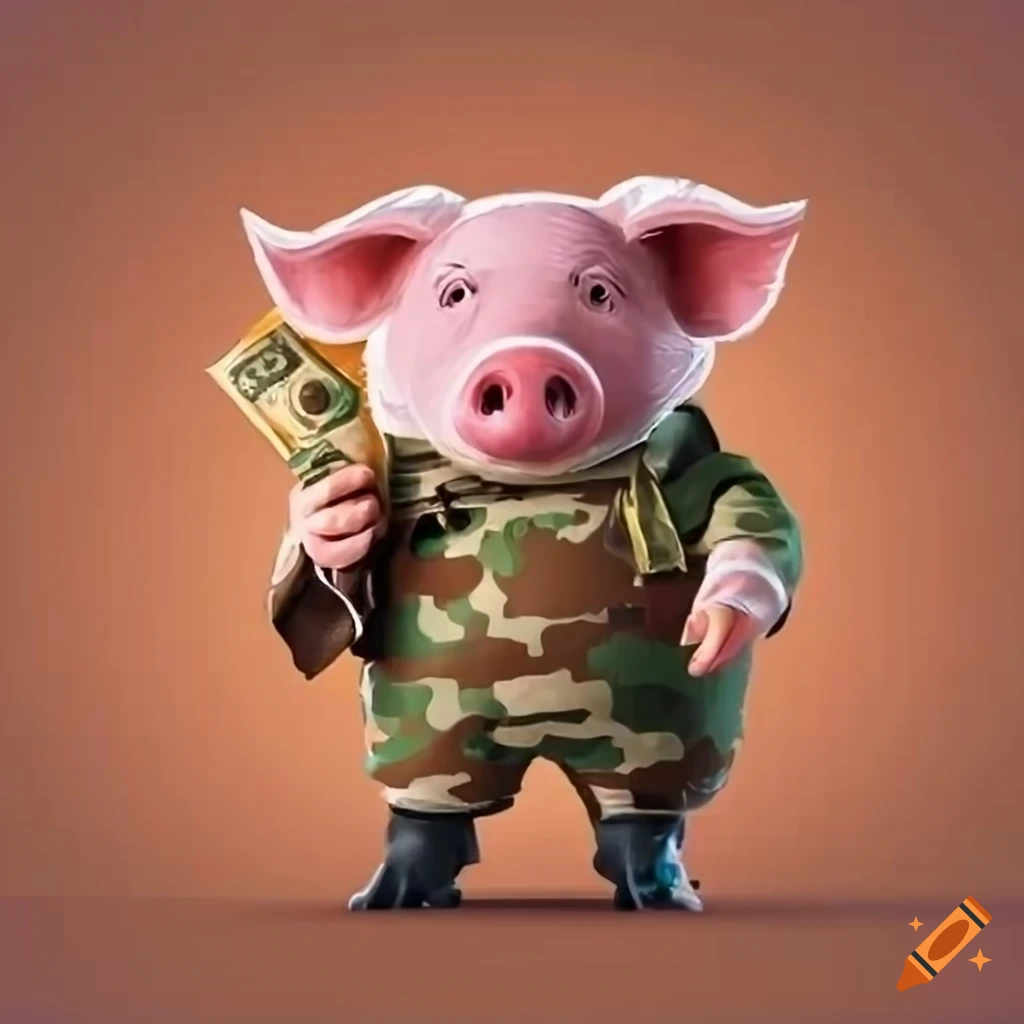 pig dressed in military camouflage holding money