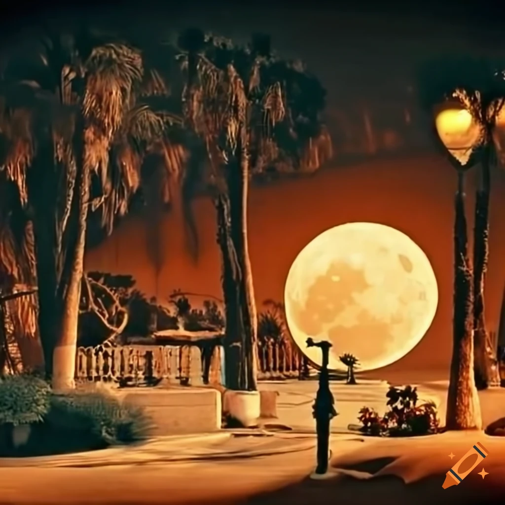 1920s patio scene with a super moon