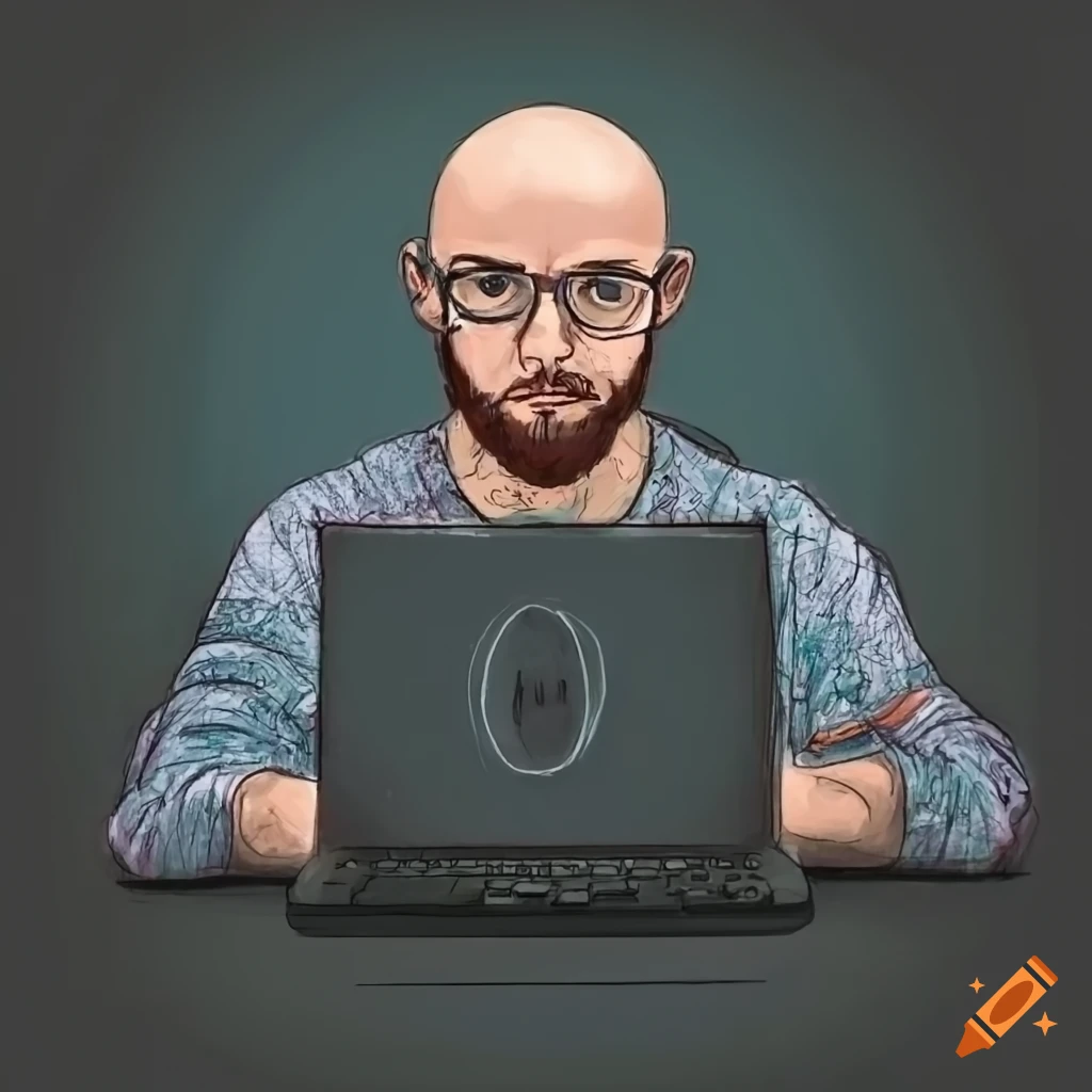 Illustration of a bald bearded programmer working on a computer on craiyon