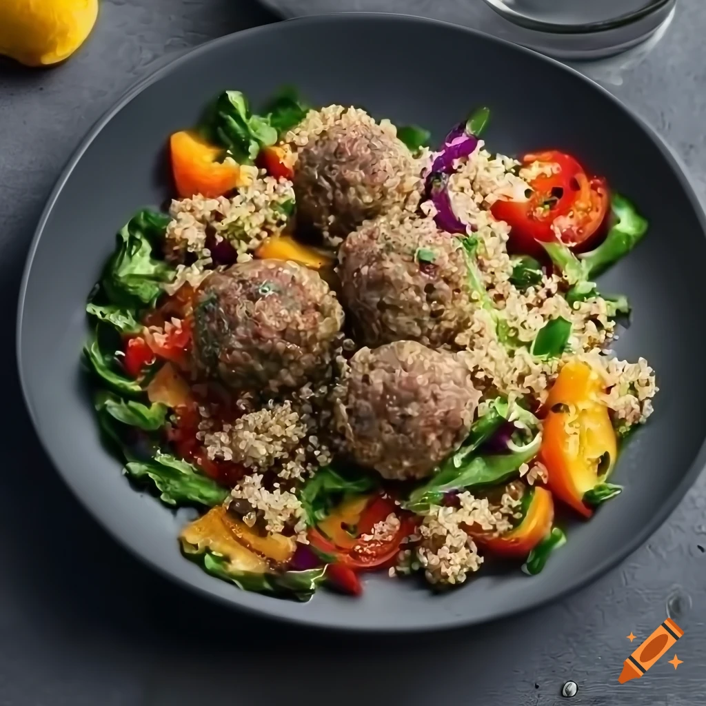 Quinoa salad with roasted mixed vegetables and meatballs on Craiyon