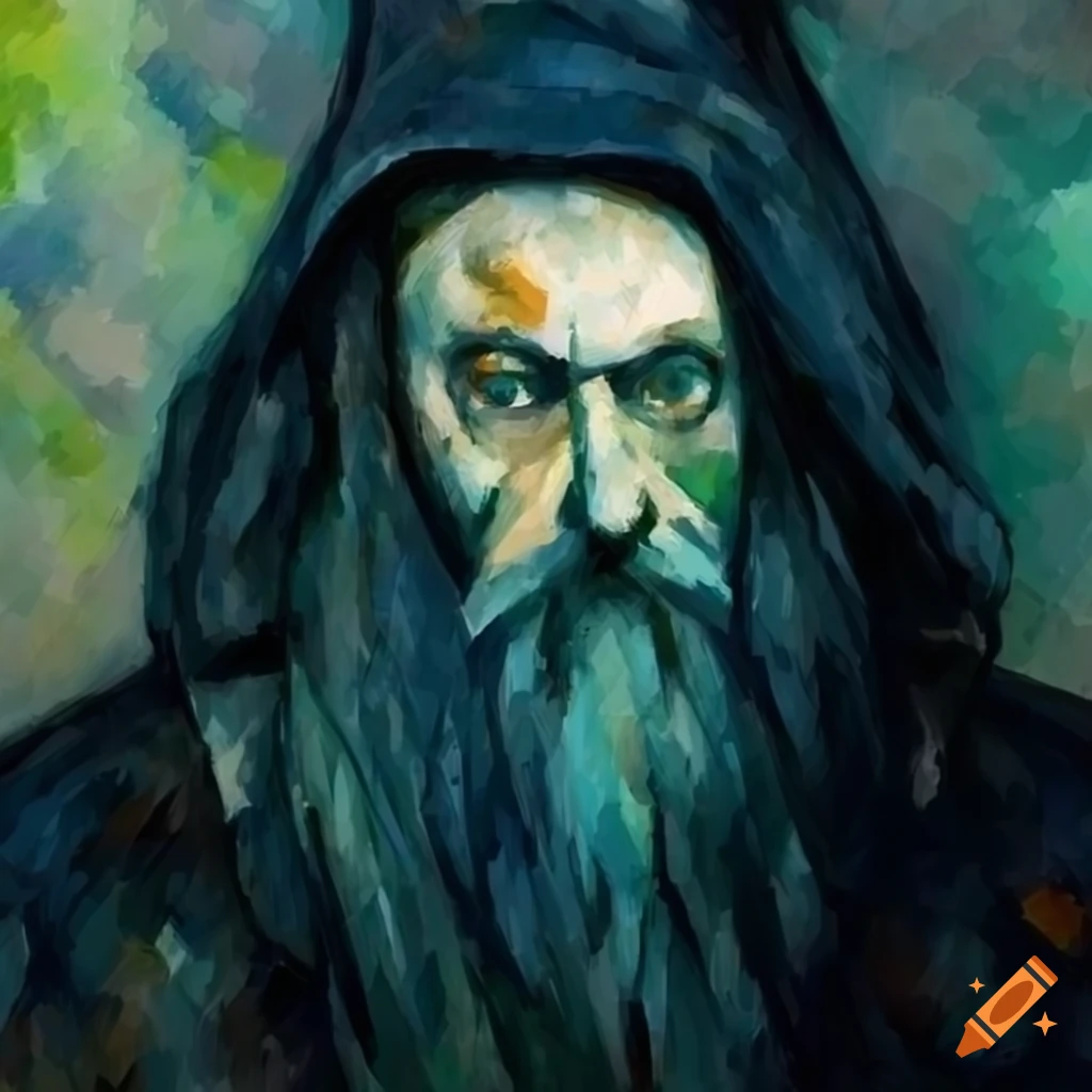 painting of a pale-faced evil wizard in the style of Cezanne