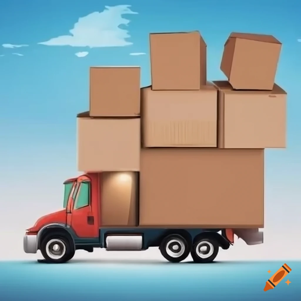 image of a moving truck with boxes and house in background