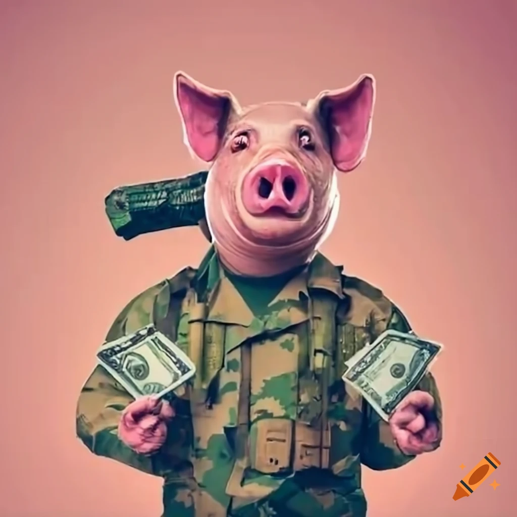pig with military gear and holding money