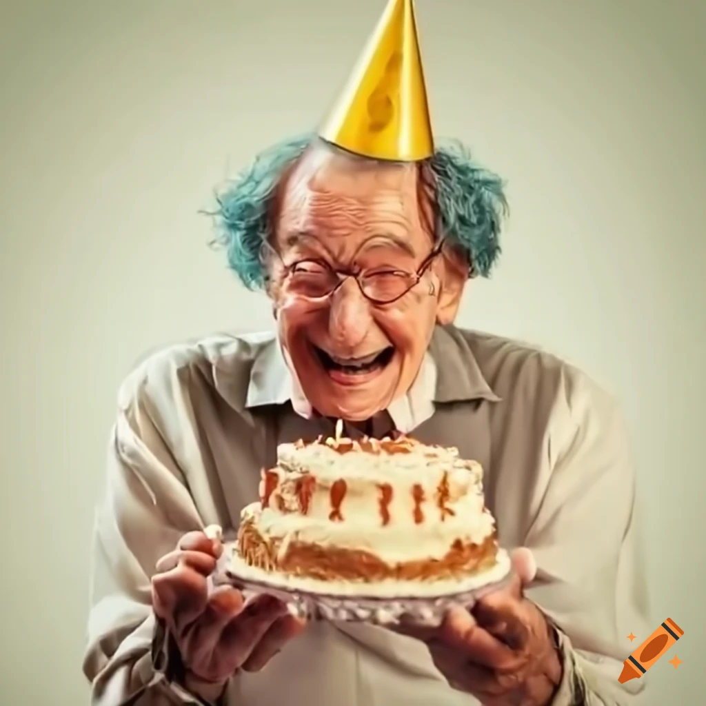 Image of Senior Indian Asian Old Man Celebrating Birthday Alone With Cake  And Wearing Funny Cap-VU427963-Picxy