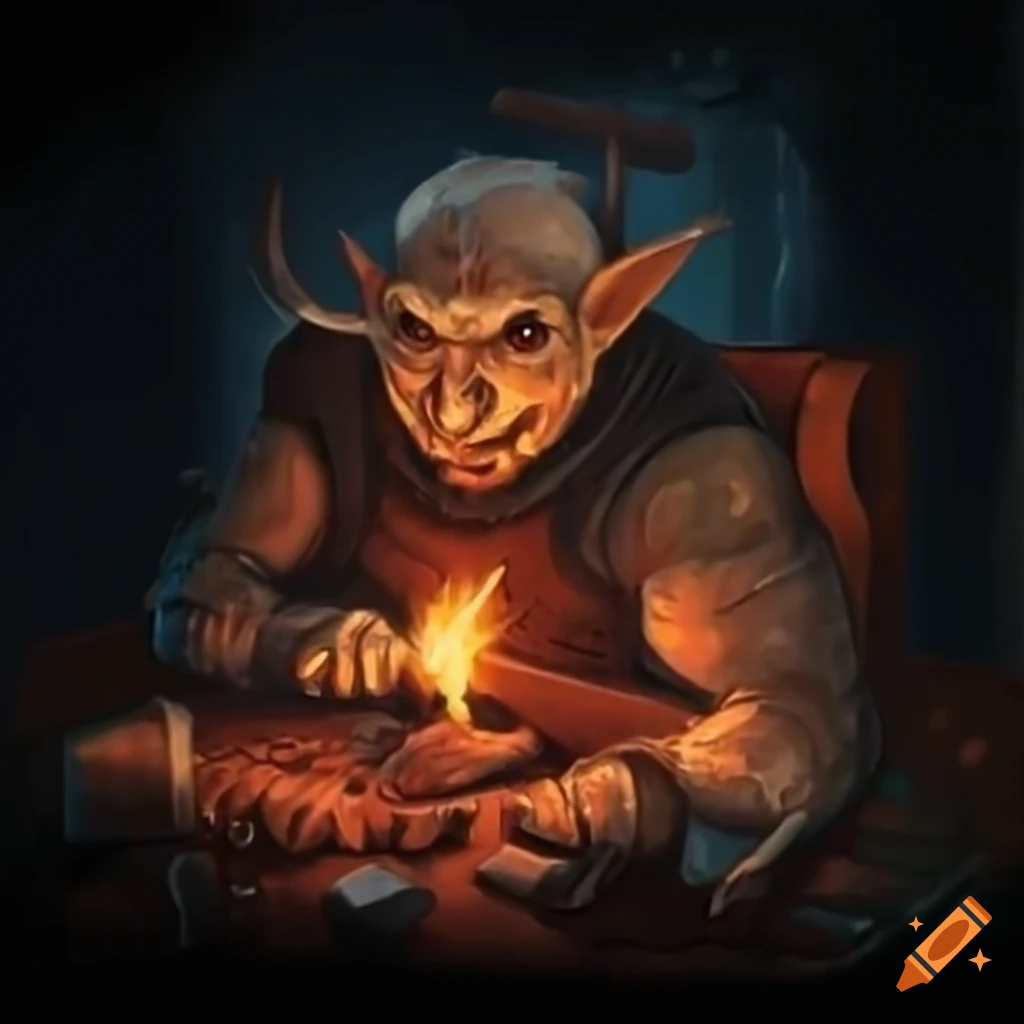 fantasy artwork of goblin blacksmiths working on a robot