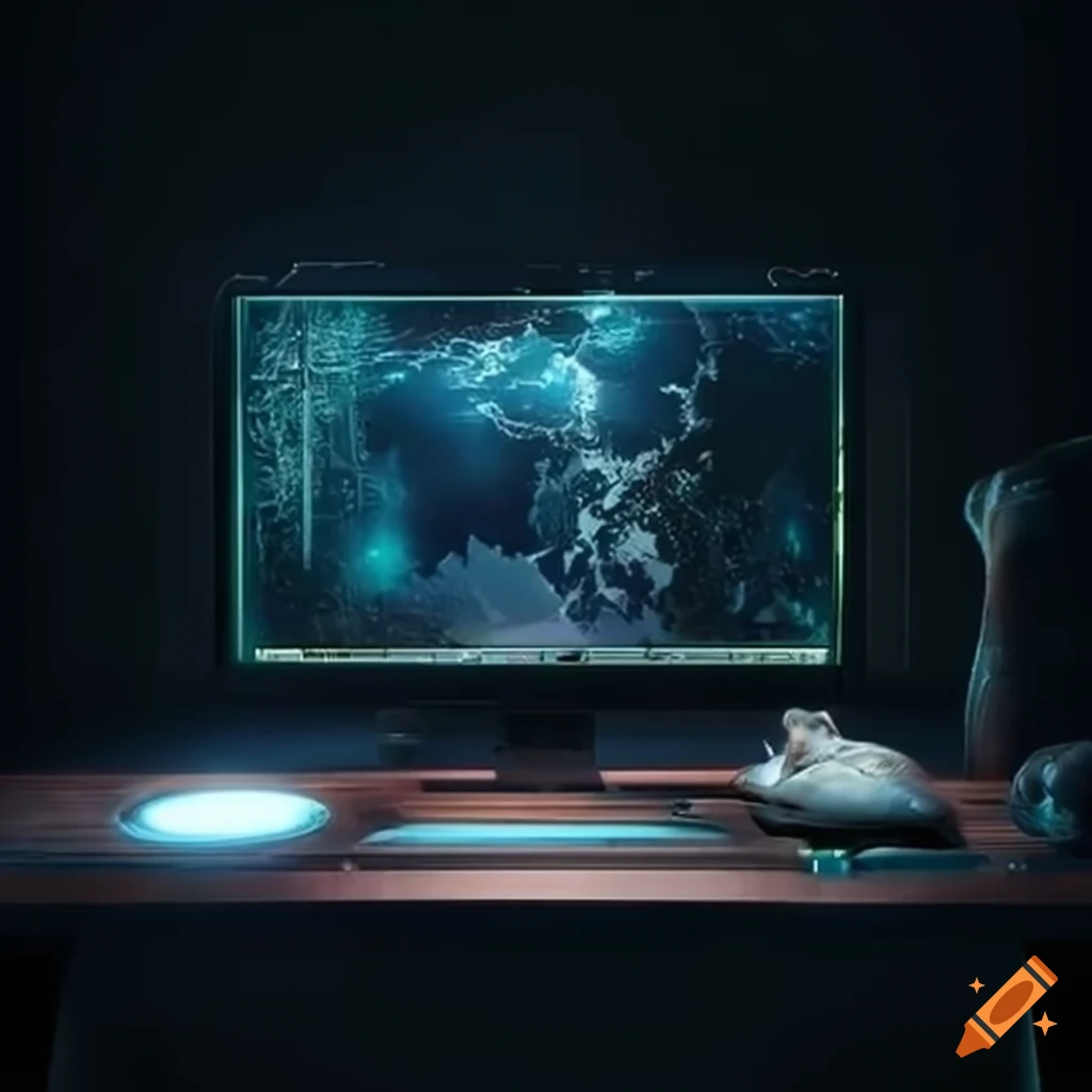 A head on camera angle photo of a gaming set up in a desk in a dark with a  deep blue illuminating from led lights surrounding the setup on Craiyon