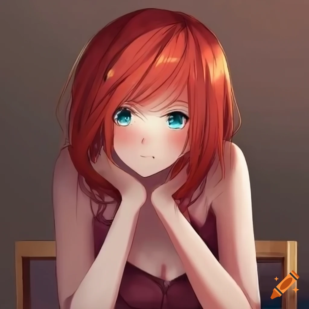 anime girl with red hair leaning on a table