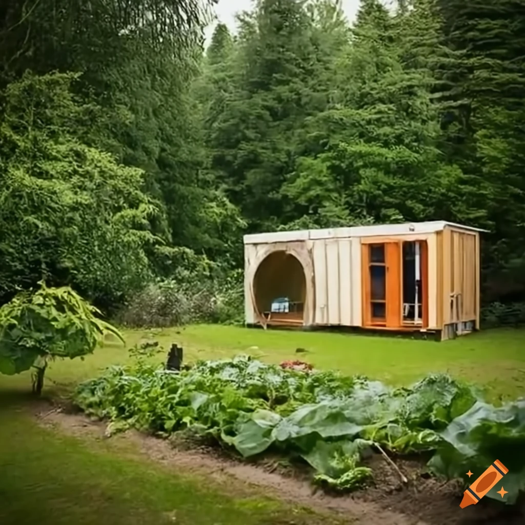 image of a sustainable village with eco container houses and vegetable garden