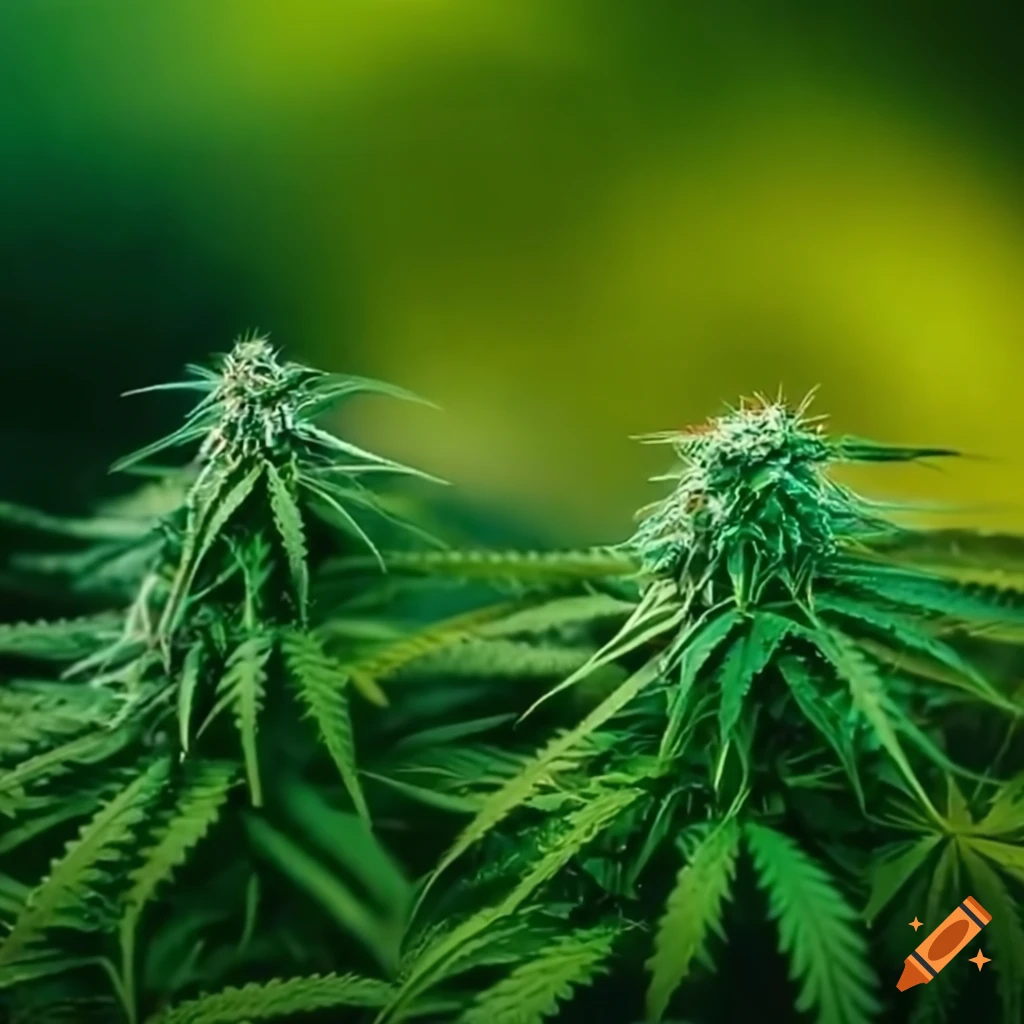 Green cannabis plants in a large field on craiyon