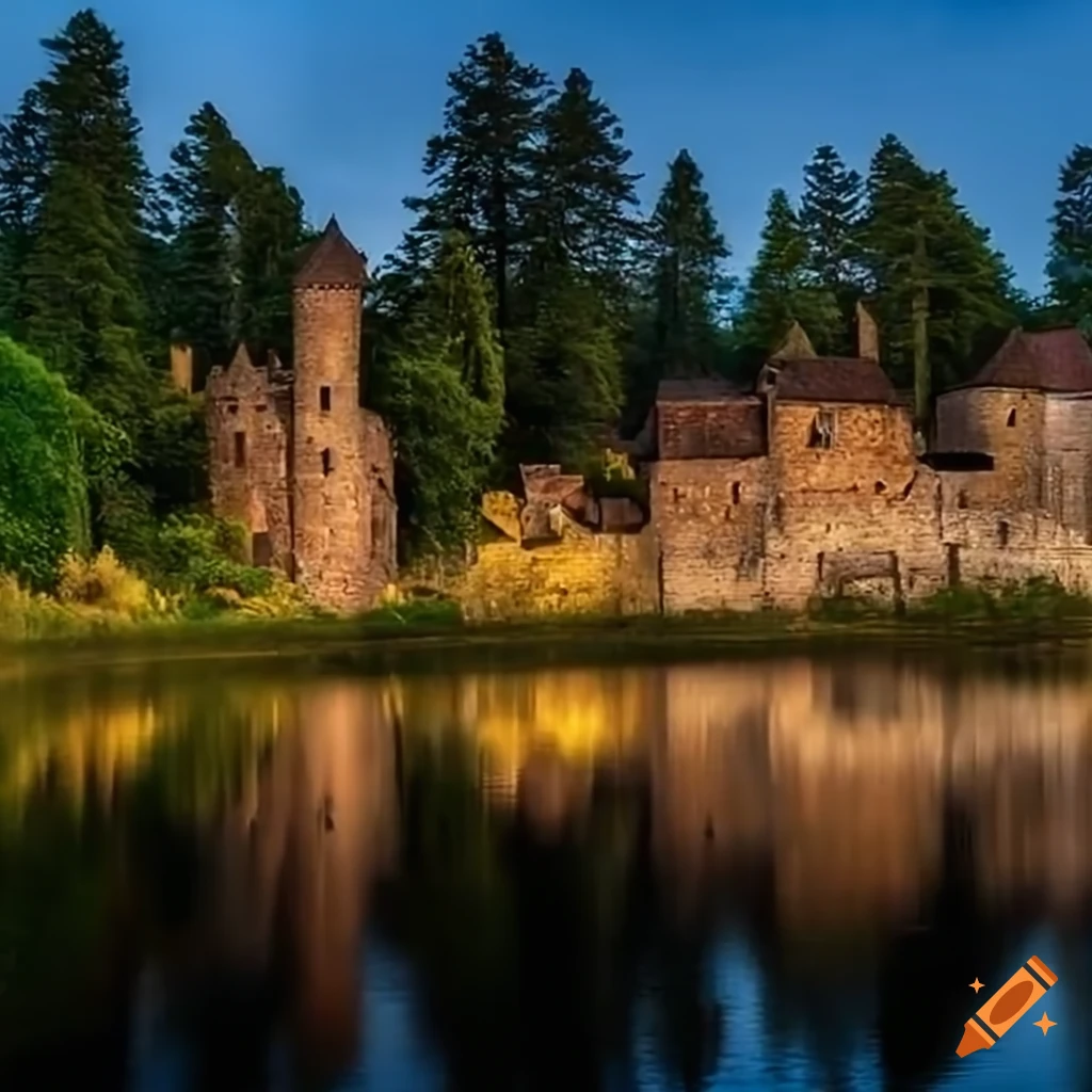 image of a medieval city surrounded by a pinewood forest and a river