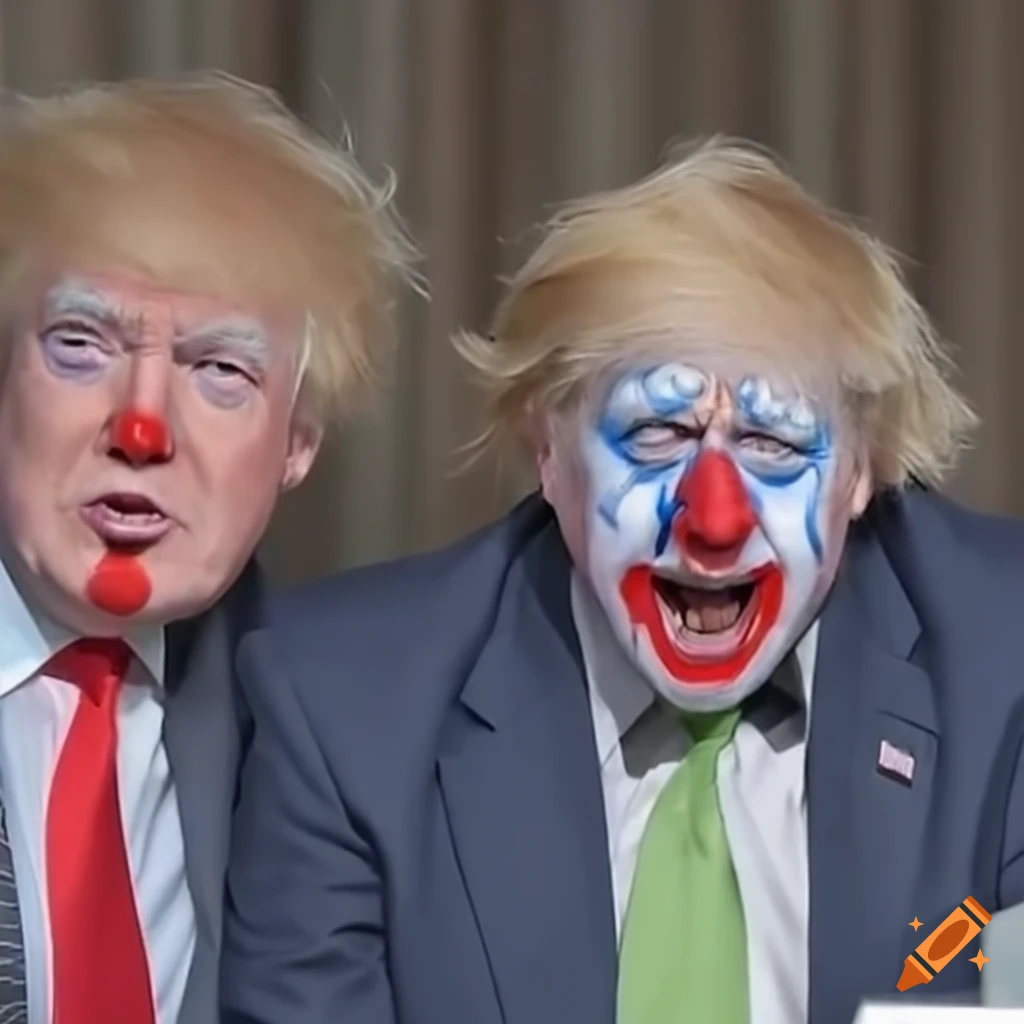satirical image of Donald Trump and Boris Johnson golfing with clown makeup