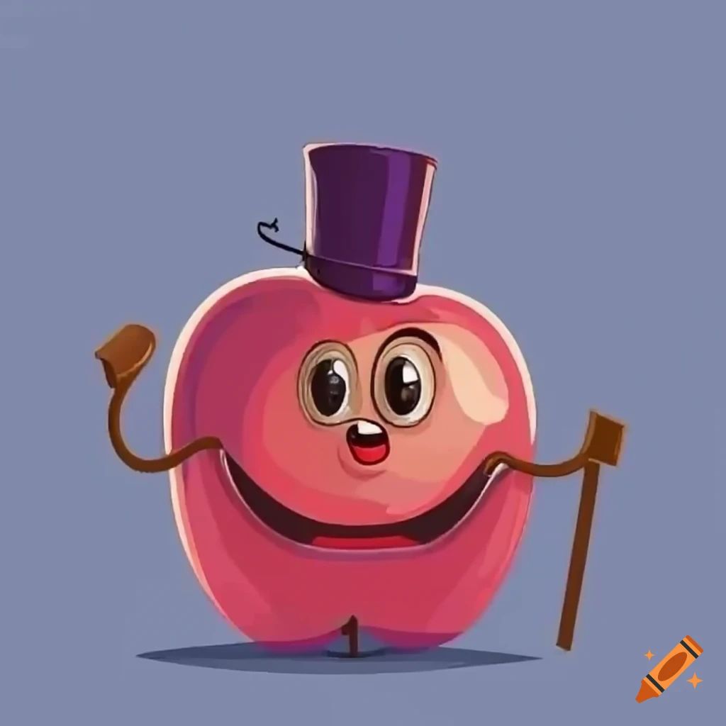 Cartoon character of mr apple with top hat and cane on craiyon