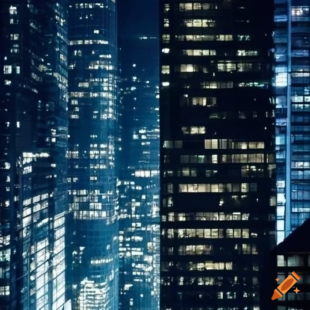 night view of a modern city with lit up skyscrapers