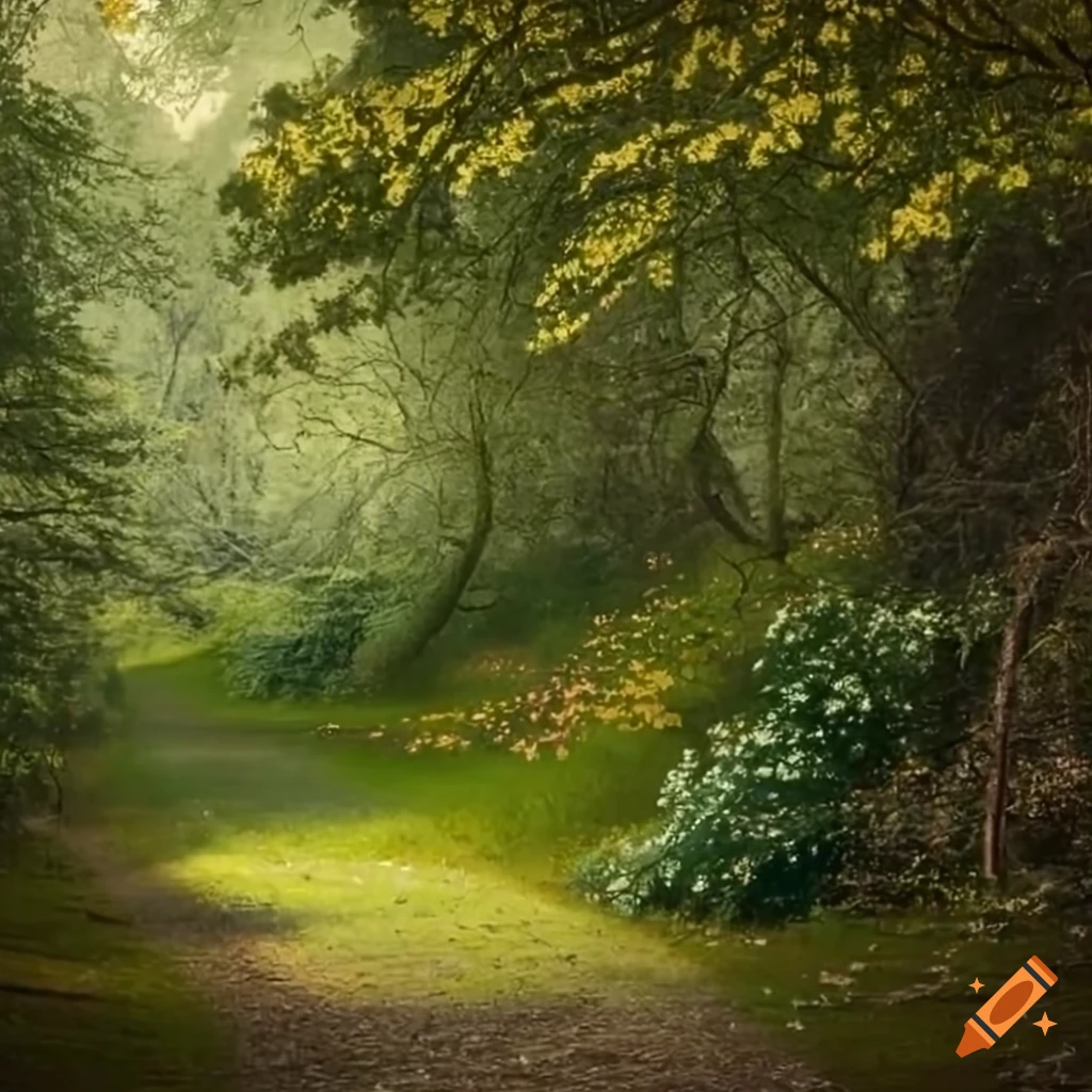 painting of a winding trail in a flowery orchard