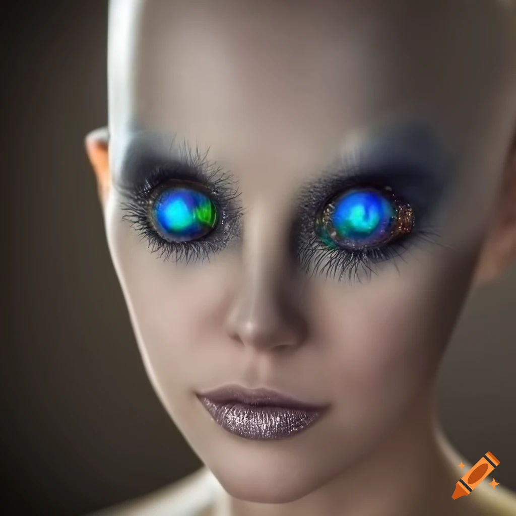 Photograph Of A Friendly Blue Skinned Alien With Opal Like Eyes On Craiyon 