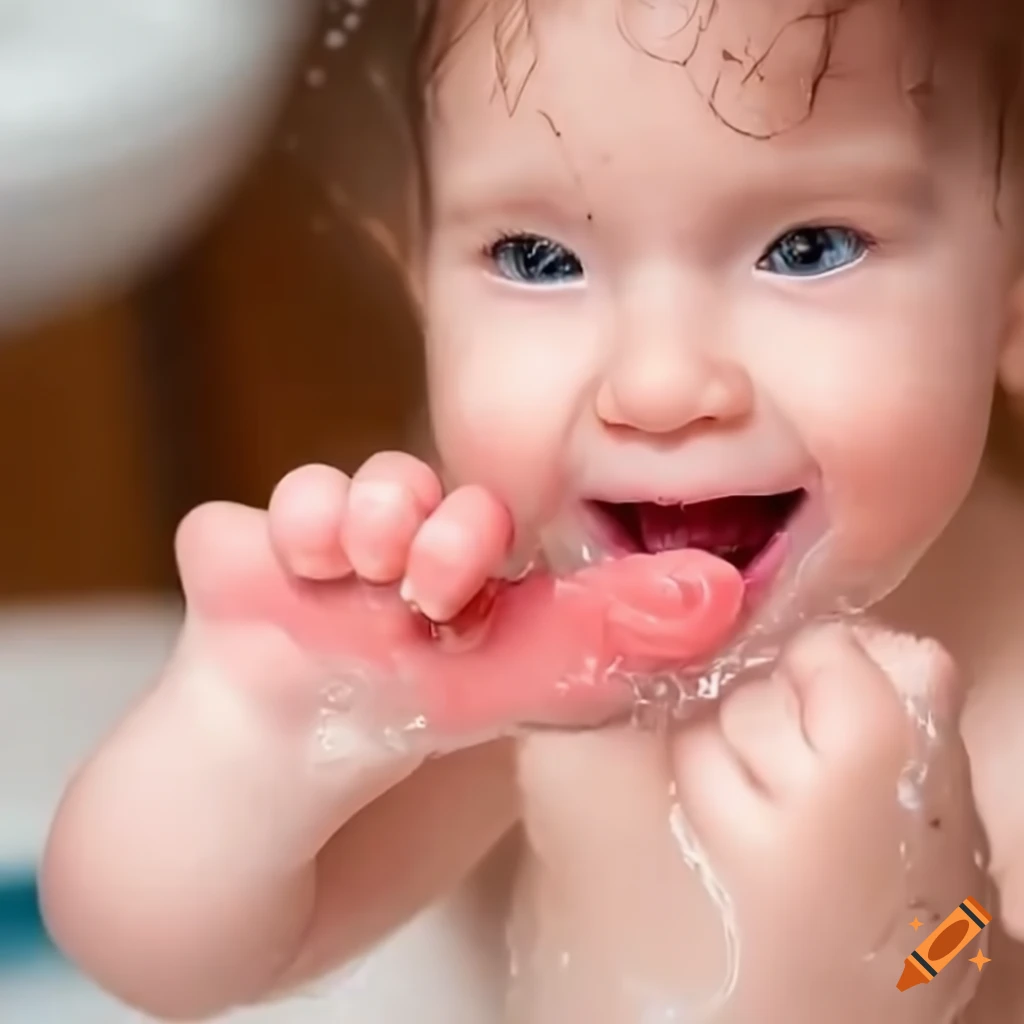 cute toddler washing her feet in a soapy bath