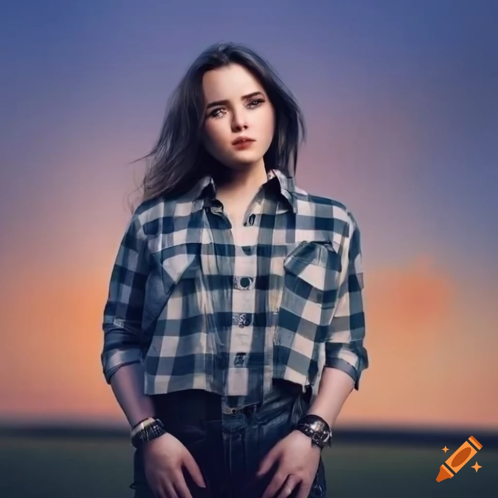 photo of a country girl in a plaid shirt and black leather trousers