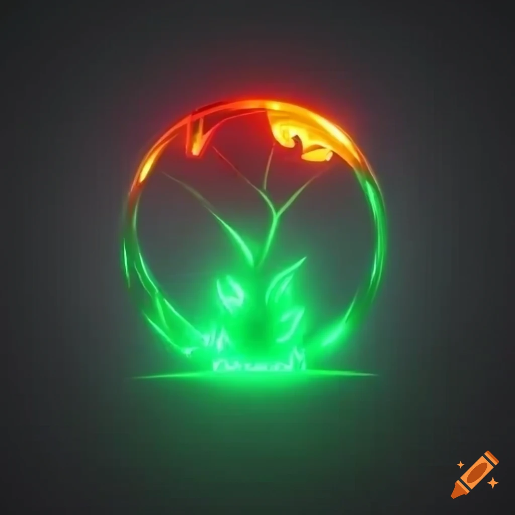 Levitating rotating tree sign with golden light and flames on black