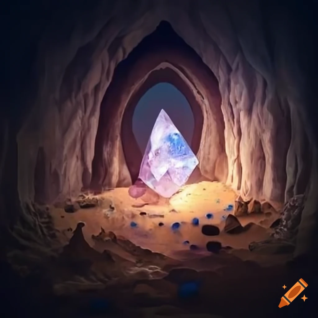 Blue crystalfilled cave with a treasure chest on Craiyon