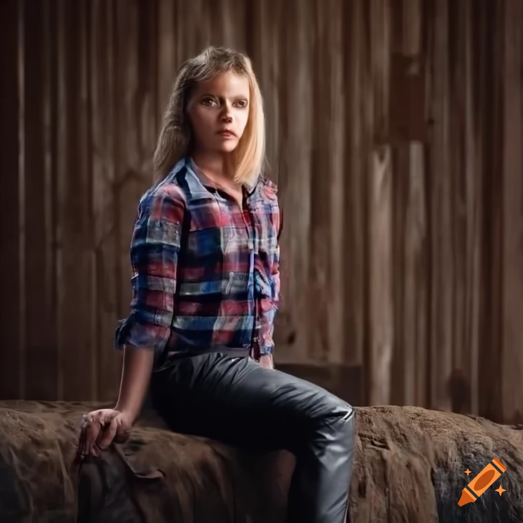 portrait of a stunning blonde woman in plaid shirt and black leather trousers