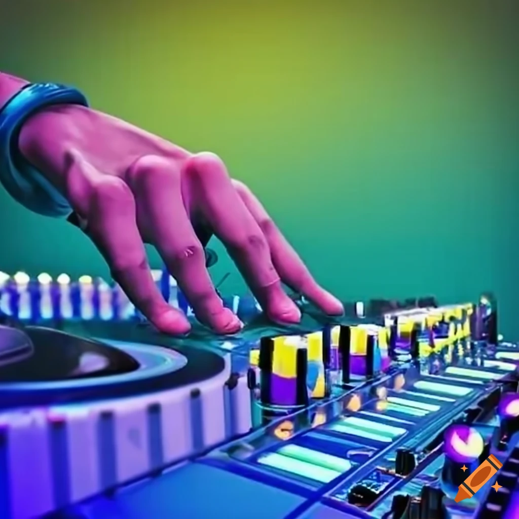 DJ hand on mixer in a yellow and blue stage