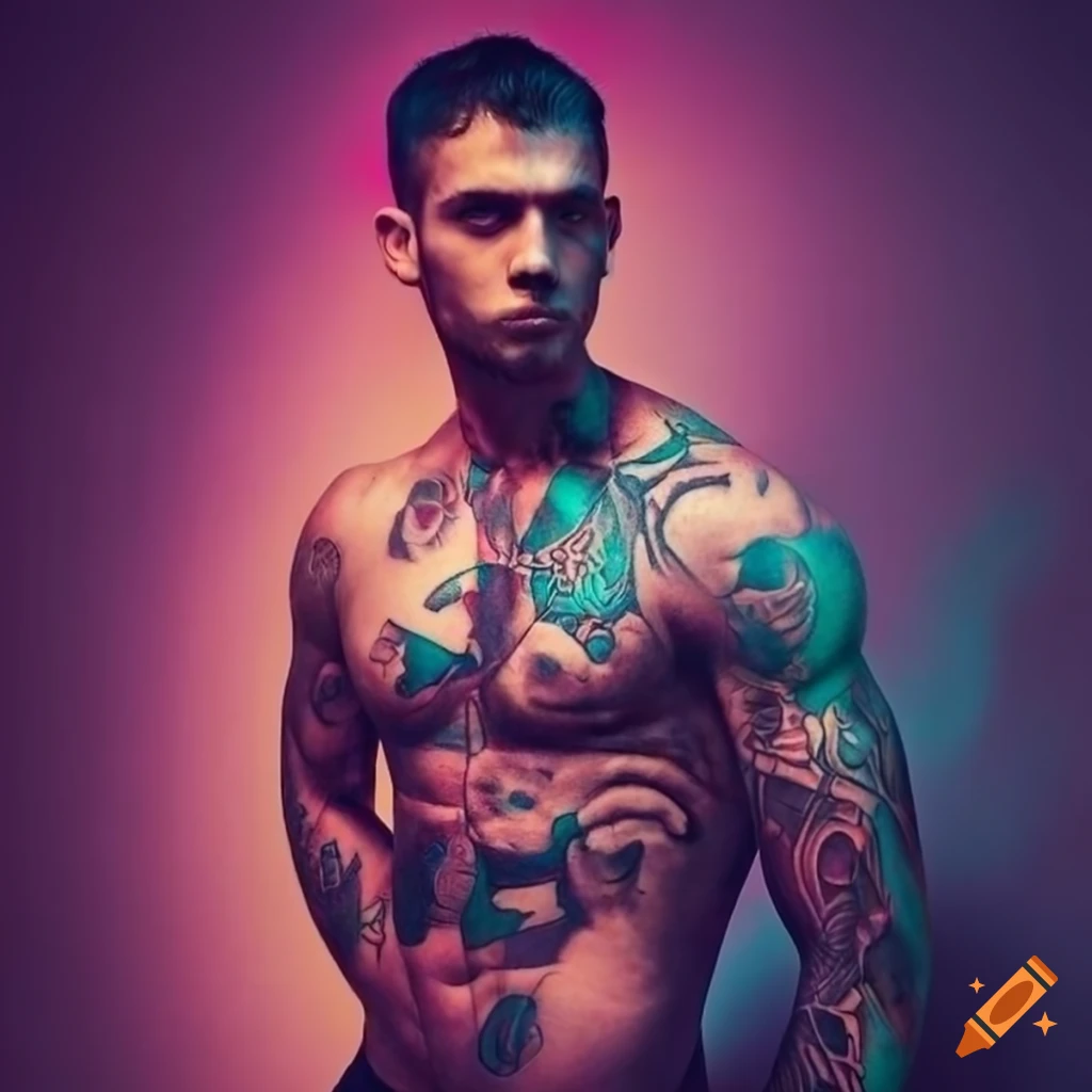  Abstract portrait of a muscular man with tattoos on Craiyon