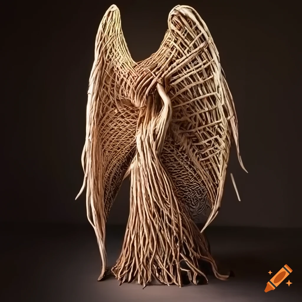An intricate, high quality, basket style woven sculpture of a beautiful  shapely woman standing in the misty shadows, hyper photorealistic, uhd,  intricate, hyper detailed johfra bosschart/alex ross style sculpted art,  professional lighting
