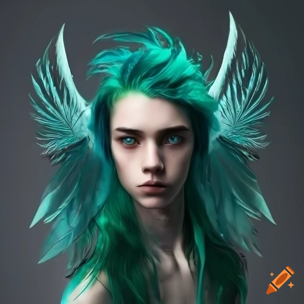 Digital artwork of an attractive androgynous character with long green ...