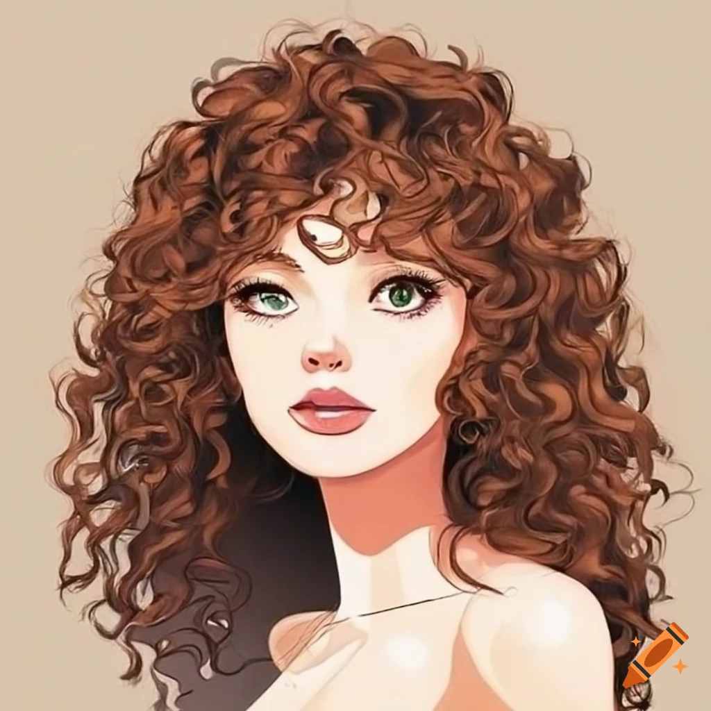 Draw girl in 90' anime style whit black curly hair and brown eyes