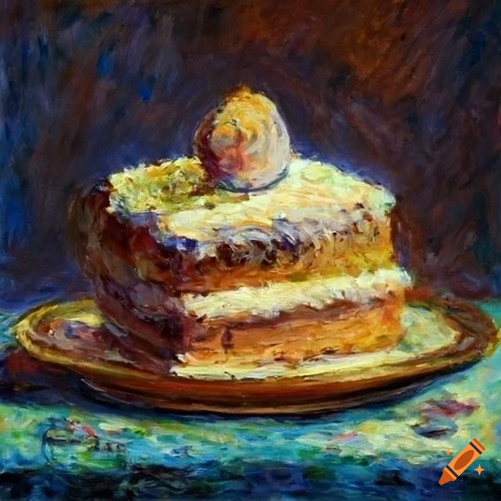 Impressionist still life painting of a cake on Craiyon