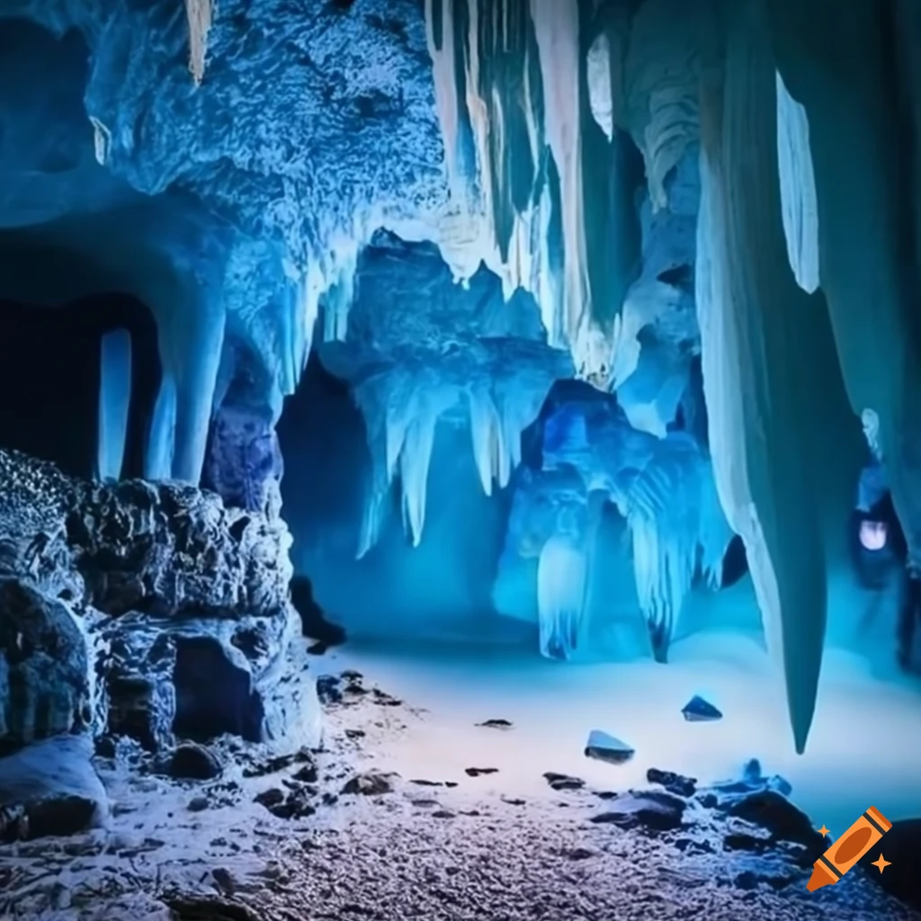 Translucent ice cavern with a large lake and caves underground on Craiyon