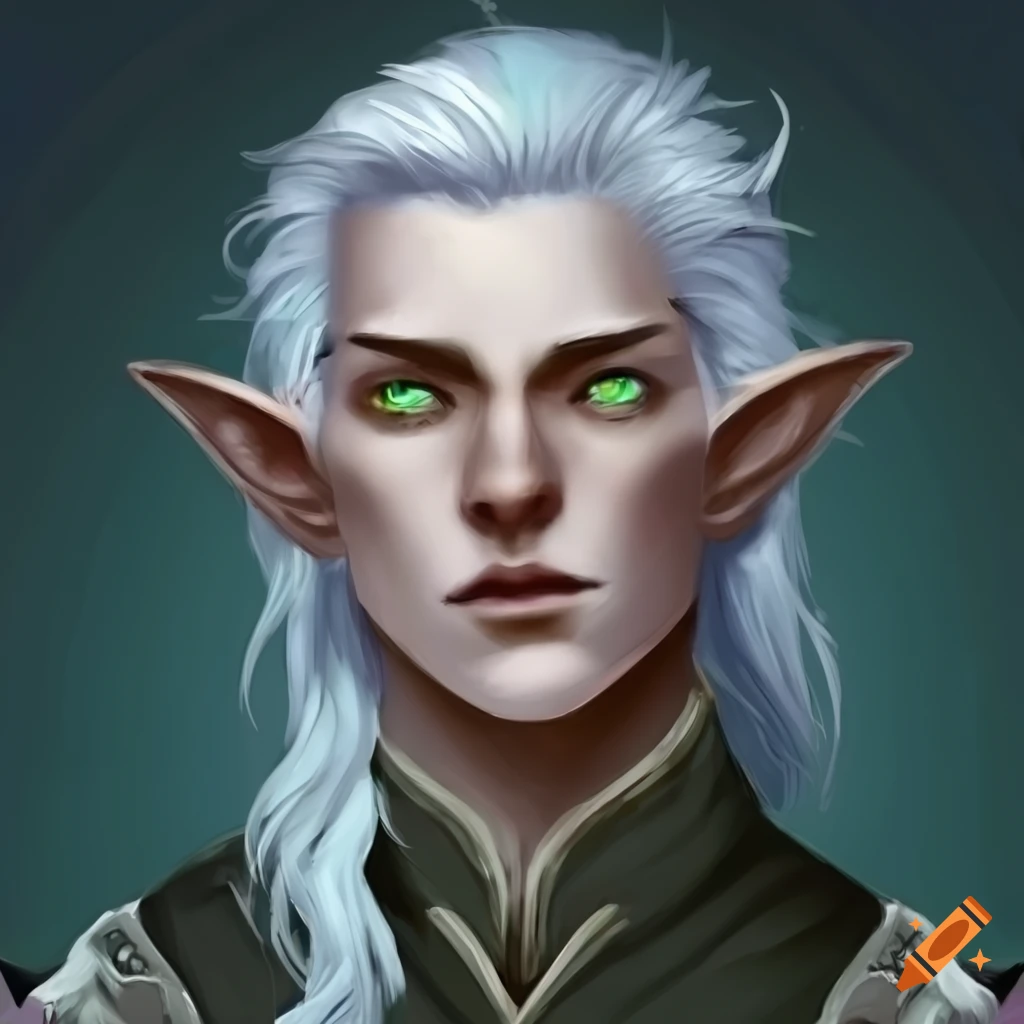 Image of a male white-haired half-elf warlock with green eyes on Craiyon