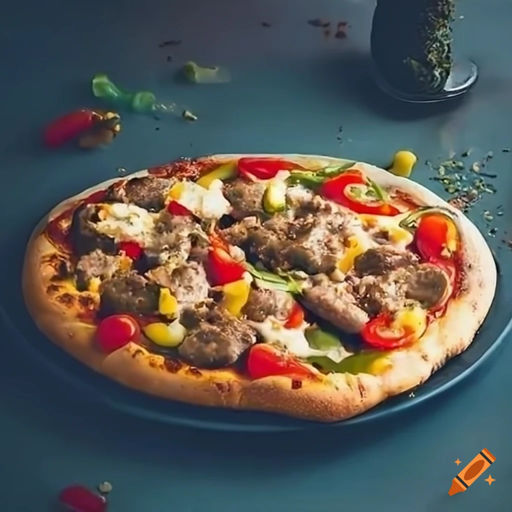 Spicy italian sausage stuffed crust pizza with colorful toppings on Craiyon