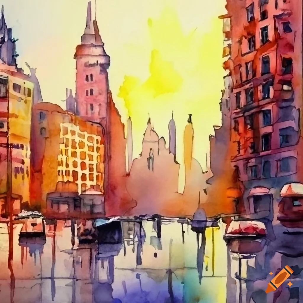 Watercolor painting of a city skyline on Craiyon