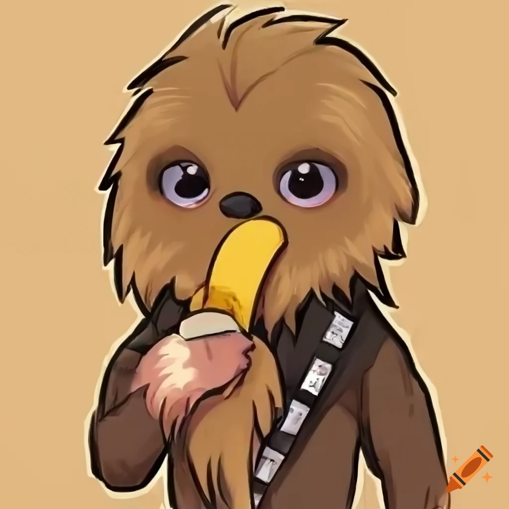 Chewbacca chibi illustration eating a banana