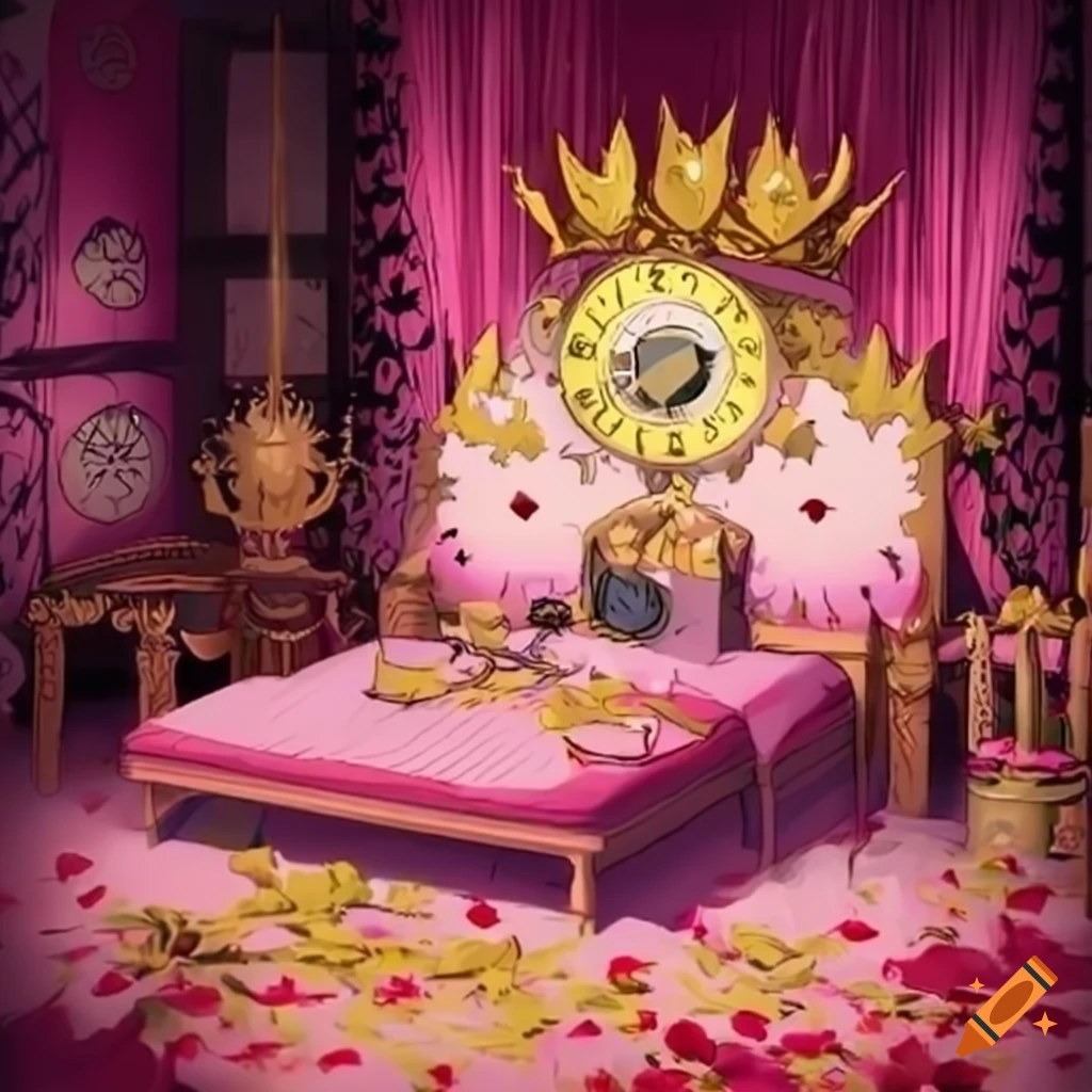 Animeinspired royal bedroom with yellow crowns and pink bed on Craiyon