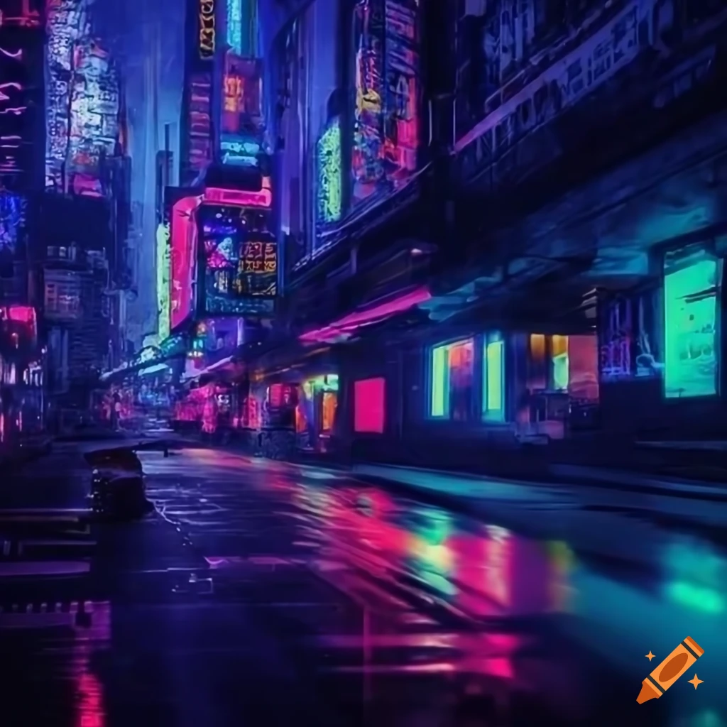 neon-lit cityscape in cyberpunk style