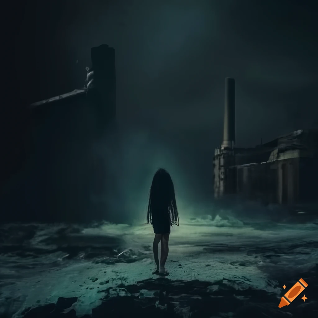 girl standing in front of a polluting factory