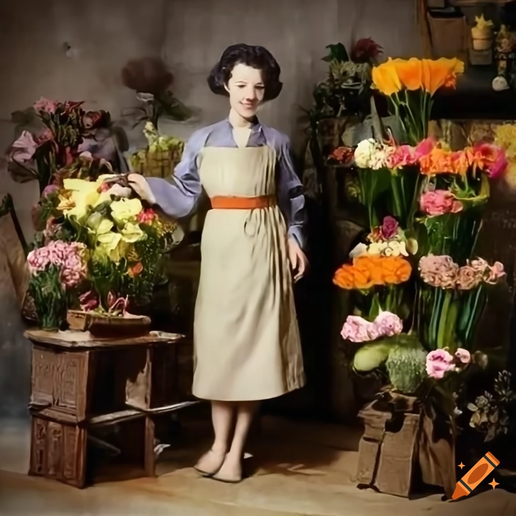 1940s-style photo of a florist in a flower shop