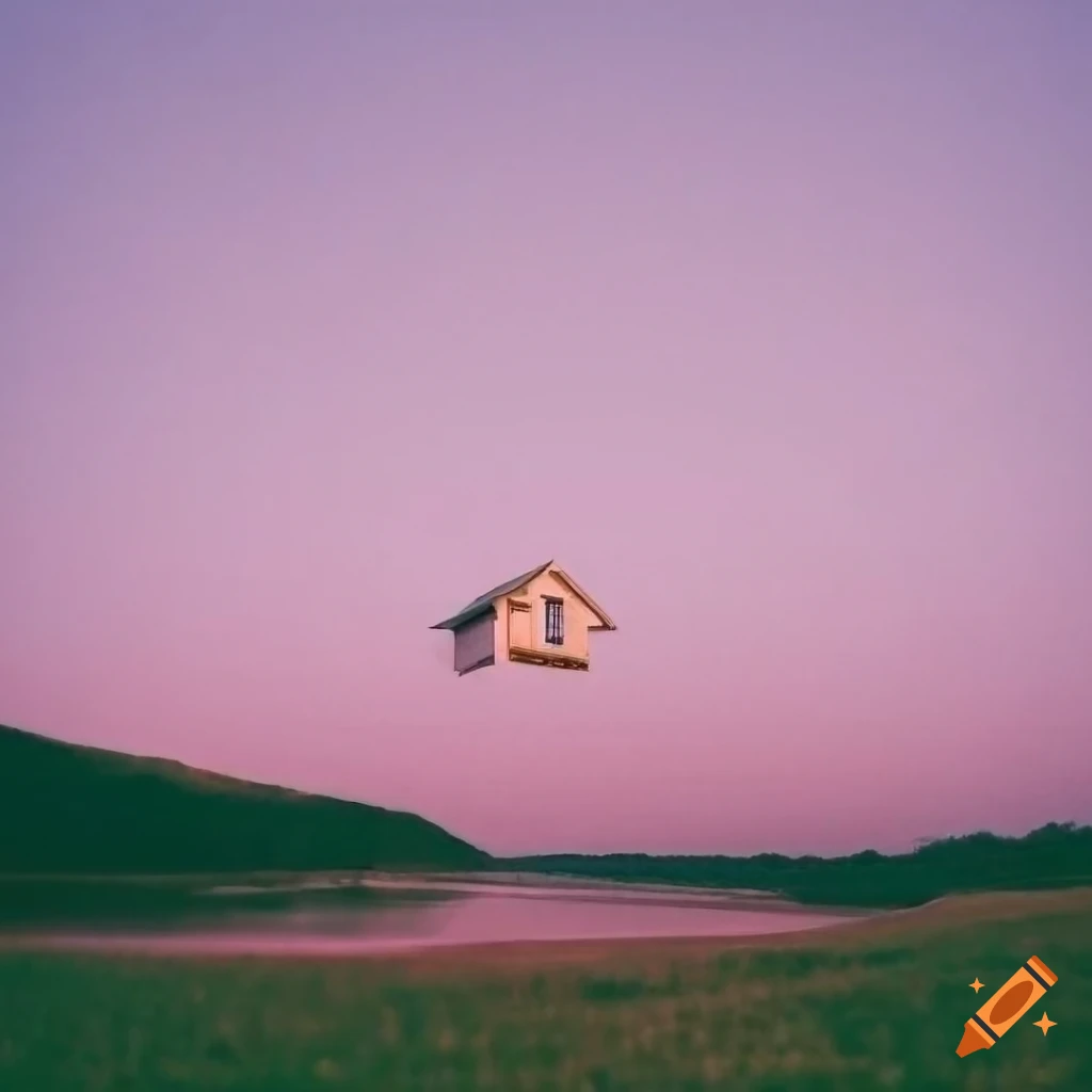 surreal landscape with floating house at sunset