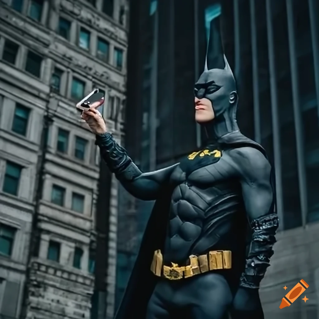 digital artwork of Batman taking a selfie in Gotham city